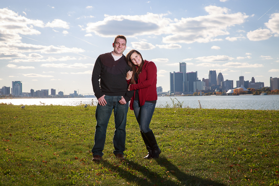 Belle Isle engagement photo Detroit skyline